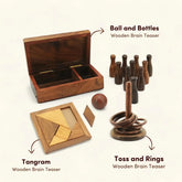 Wooden Ball and Bottle (Bowling Game), Tangram and Toss & Ring Game Set of 3 I Value Pack Combo